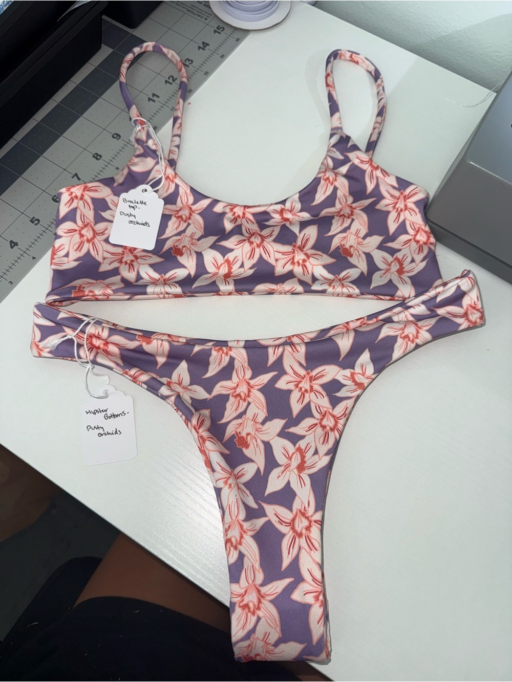 Handmade Floral Scoop Neck Bikini Set in Lavender and Peach